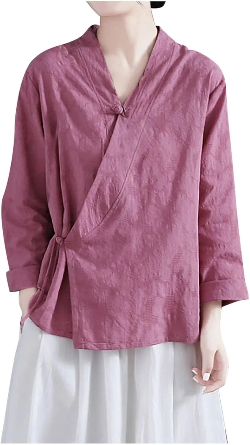 Women's Wrap V Neck Cotton Linen Blouse Summer Vintage Chinese Frog Button Tunic Shirts Casual Loose Long Sleeve Top