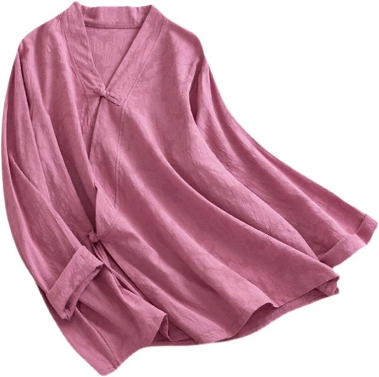 Women's Wrap V Neck Cotton Linen Blouse Summer Vintage Chinese Frog Button Tunic Shirts Casual Loose Long Sleeve Top