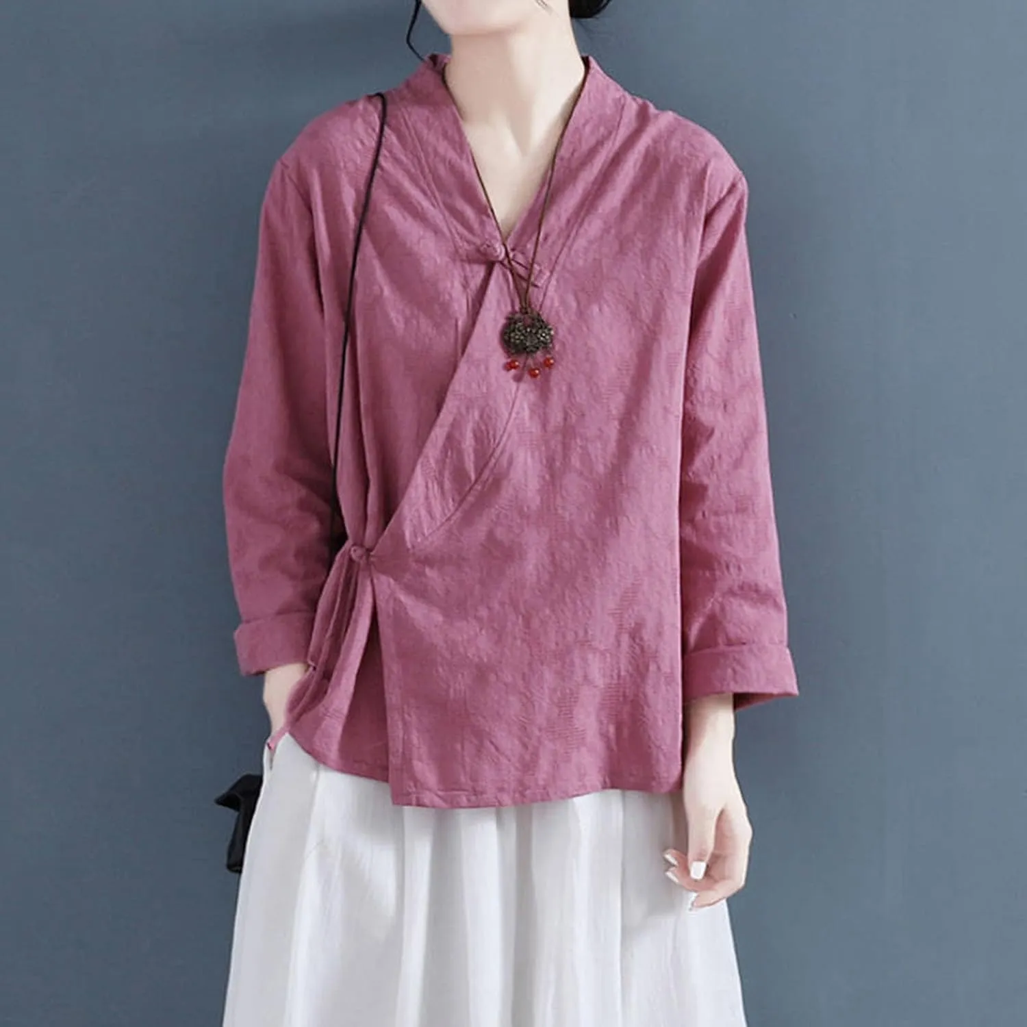 Women's Wrap V Neck Cotton Linen Blouse Summer Vintage Chinese Frog Button Tunic Shirts Casual Loose Long Sleeve Top