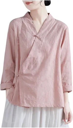 Women's Wrap V Neck Cotton Linen Blouse Summer Vintage Chinese Frog Button Tunic Shirts Casual Loose Long Sleeve Top