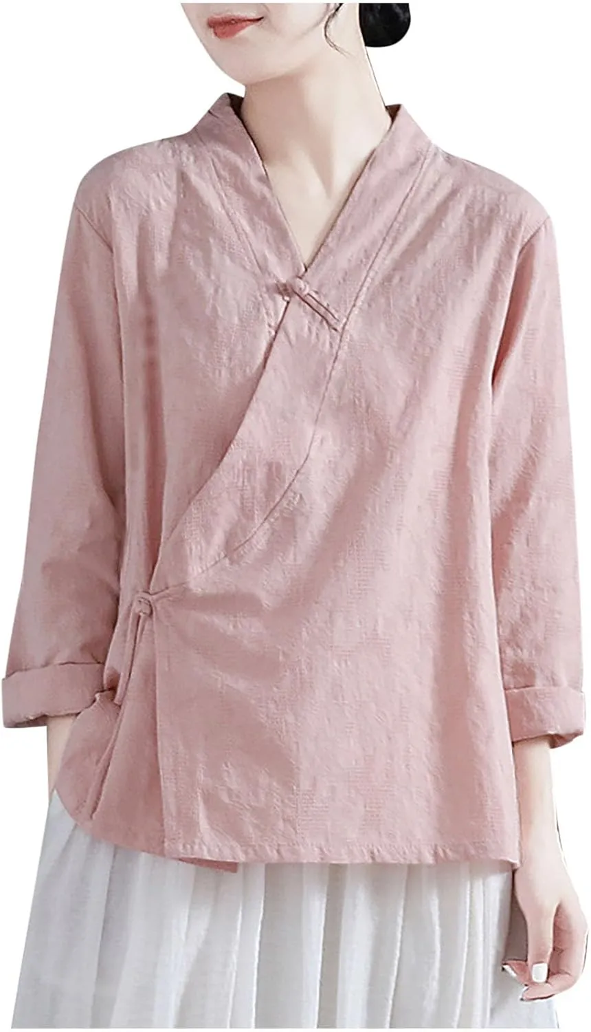 Women's Wrap V Neck Cotton Linen Blouse Summer Vintage Chinese Frog Button Tunic Shirts Casual Loose Long Sleeve Top