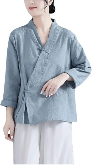 Women's Wrap V Neck Cotton Linen Blouse Summer Vintage Chinese Frog Button Tunic Shirts Casual Loose Long Sleeve Top