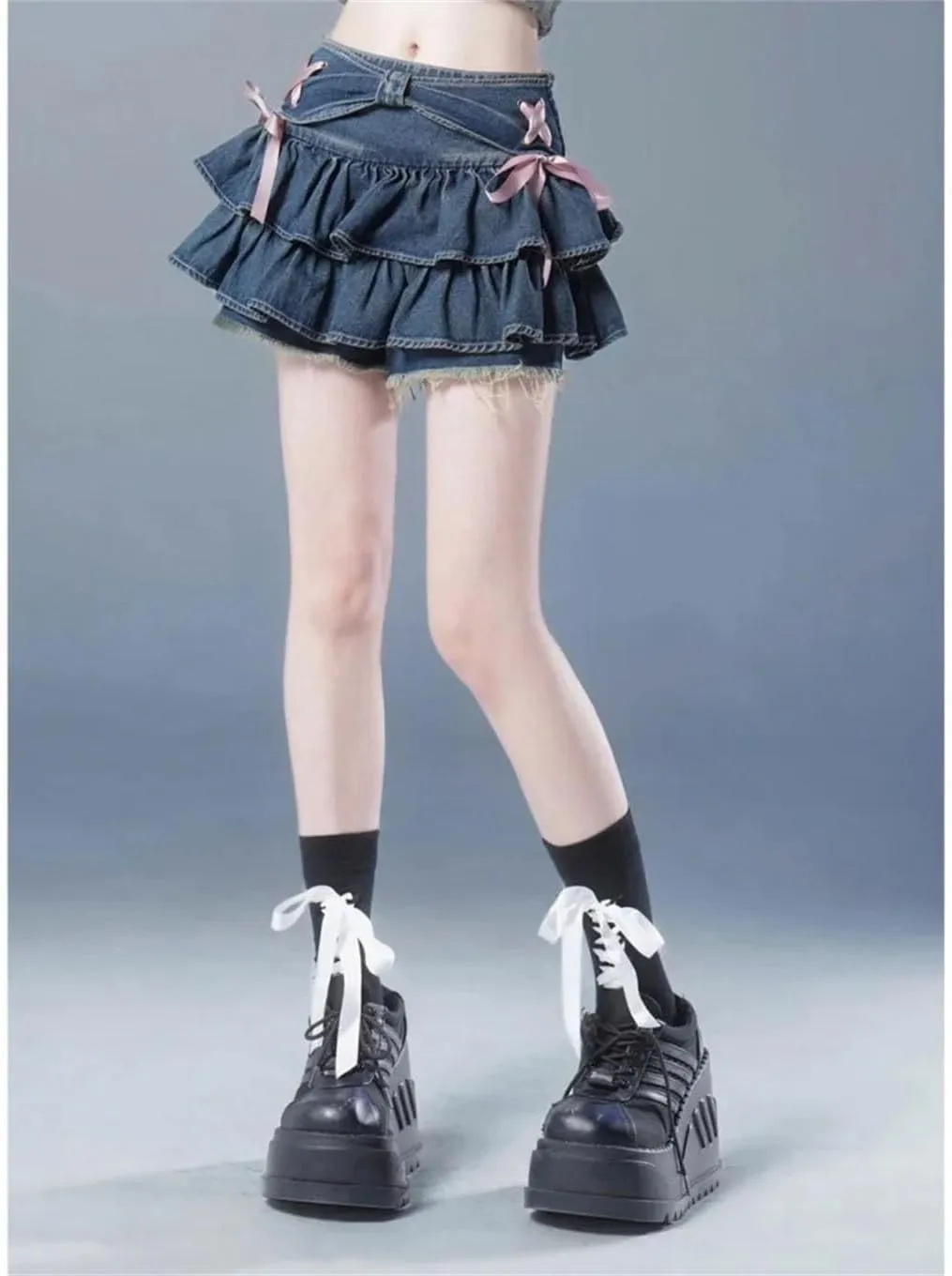 Women's Y2K Sexy Vintage Ruffle Denim Mini Skirts Bow Pleated A Line Denim Skirts