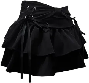 Women's Y2K Sexy Vintage Ruffle Denim Mini Skirts Bow Pleated A Line Denim Skirts
