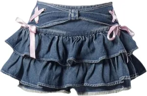 Women's Y2K Sexy Vintage Ruffle Denim Mini Skirts Bow Pleated A Line Denim Skirts