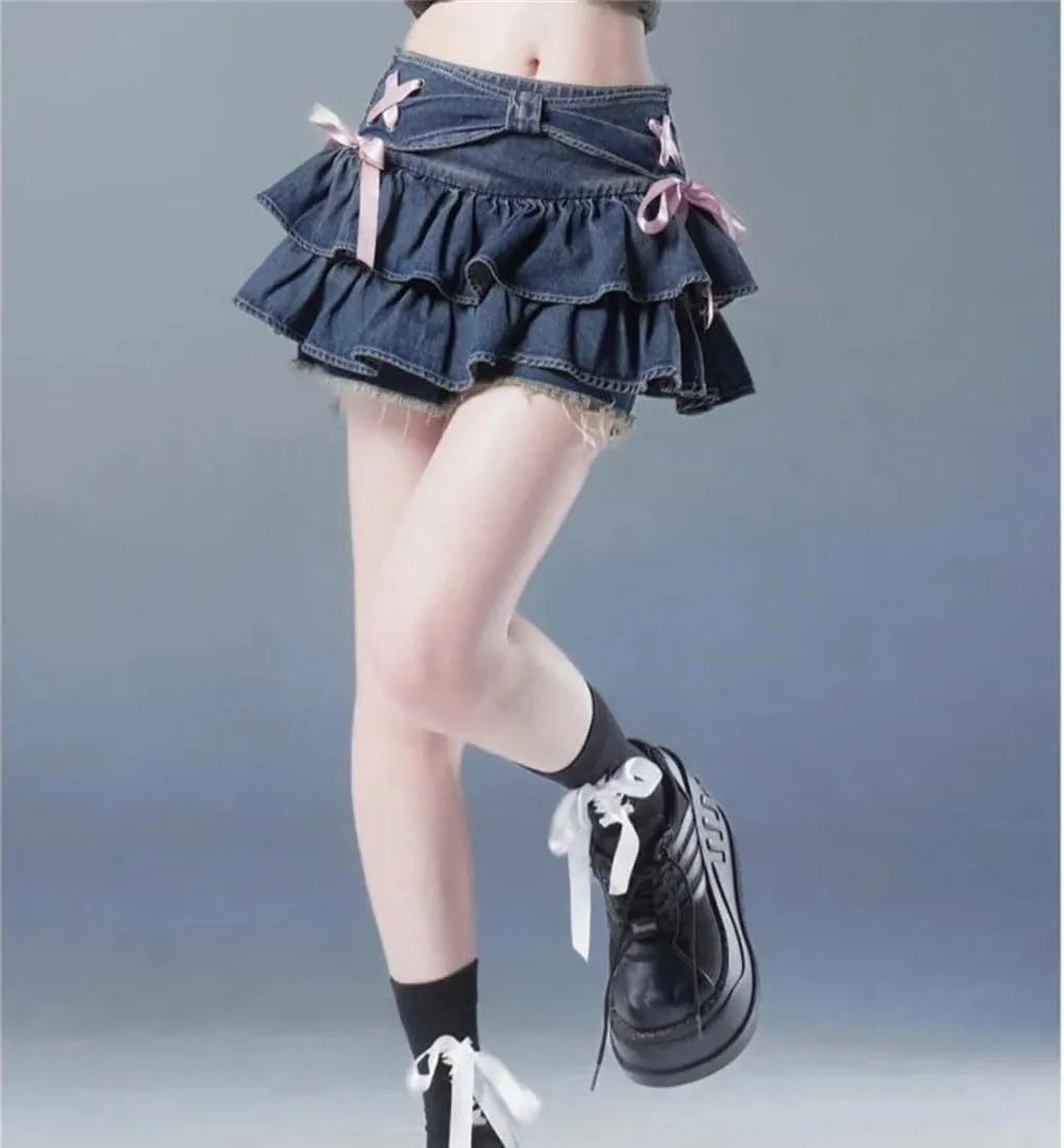 Women's Y2K Sexy Vintage Ruffle Denim Mini Skirts Bow Pleated A Line Denim Skirts