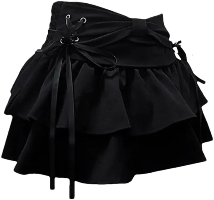 Women's Y2K Sexy Vintage Ruffle Denim Mini Skirts Bow Pleated A Line Denim Skirts