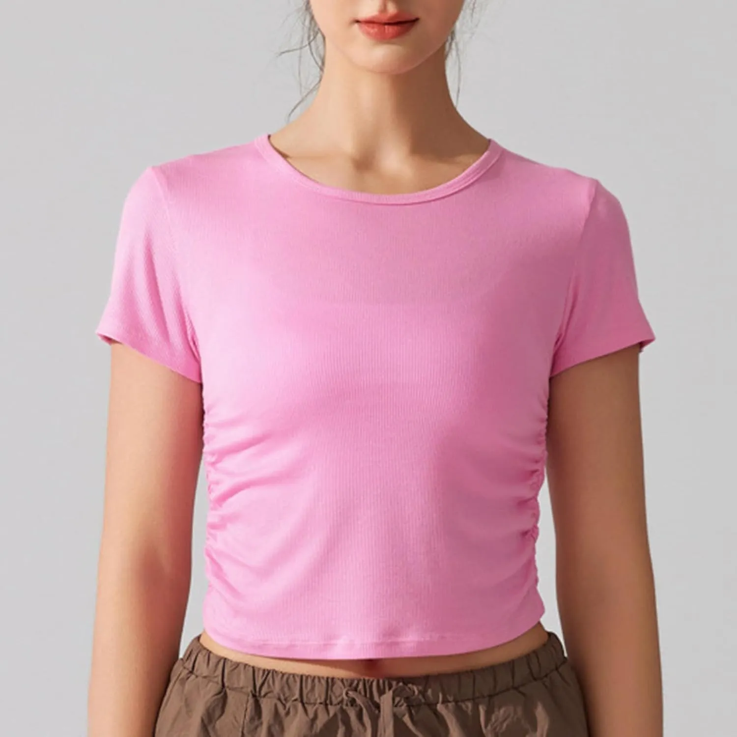 Women's Yoga T-Shirts Fashion Crewneck Pleated Cropped Tops Lightweight Breathable Quick Dry Athletic Workout Tees