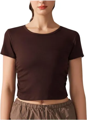 Women's Yoga T-Shirts Fashion Crewneck Pleated Cropped Tops Lightweight Breathable Quick Dry Athletic Workout Tees