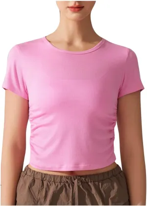 Women's Yoga T-Shirts Fashion Crewneck Pleated Cropped Tops Lightweight Breathable Quick Dry Athletic Workout Tees