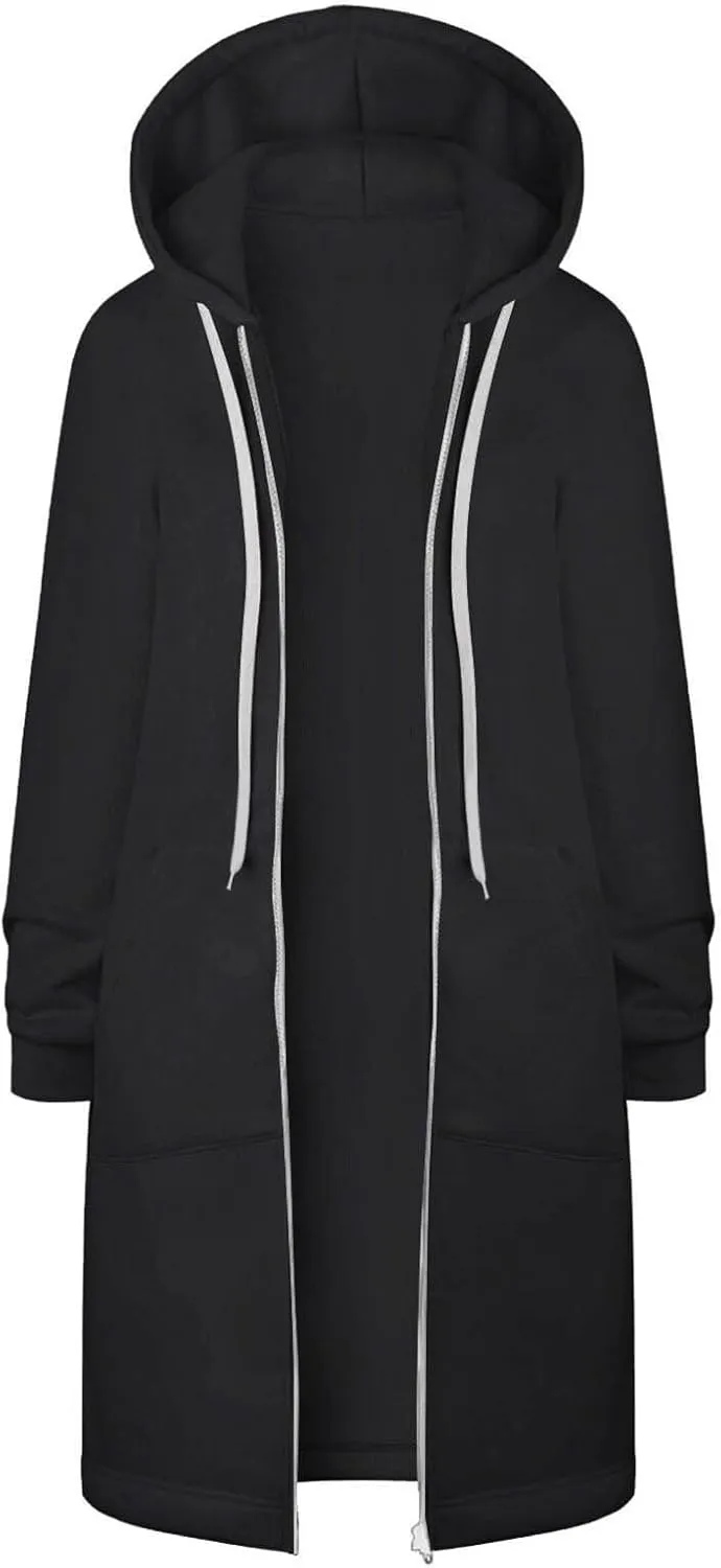 Womens Zip Up Hoodies Long Casual Drawstring Fleece Sweatshirt Lightweight Oversized Jackets Coat Fall Clothes