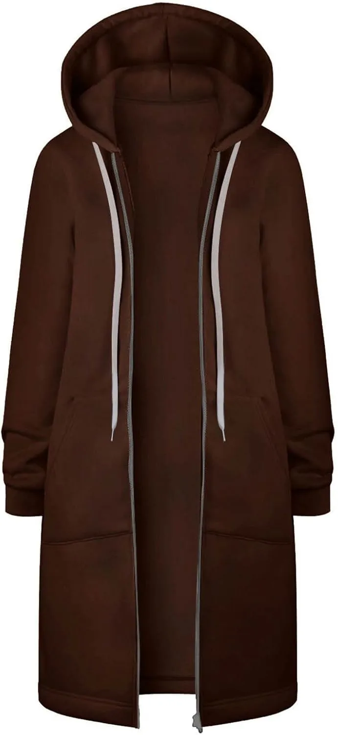 Womens Zip Up Hoodies Long Casual Drawstring Fleece Sweatshirt Lightweight Oversized Jackets Coat Fall Clothes