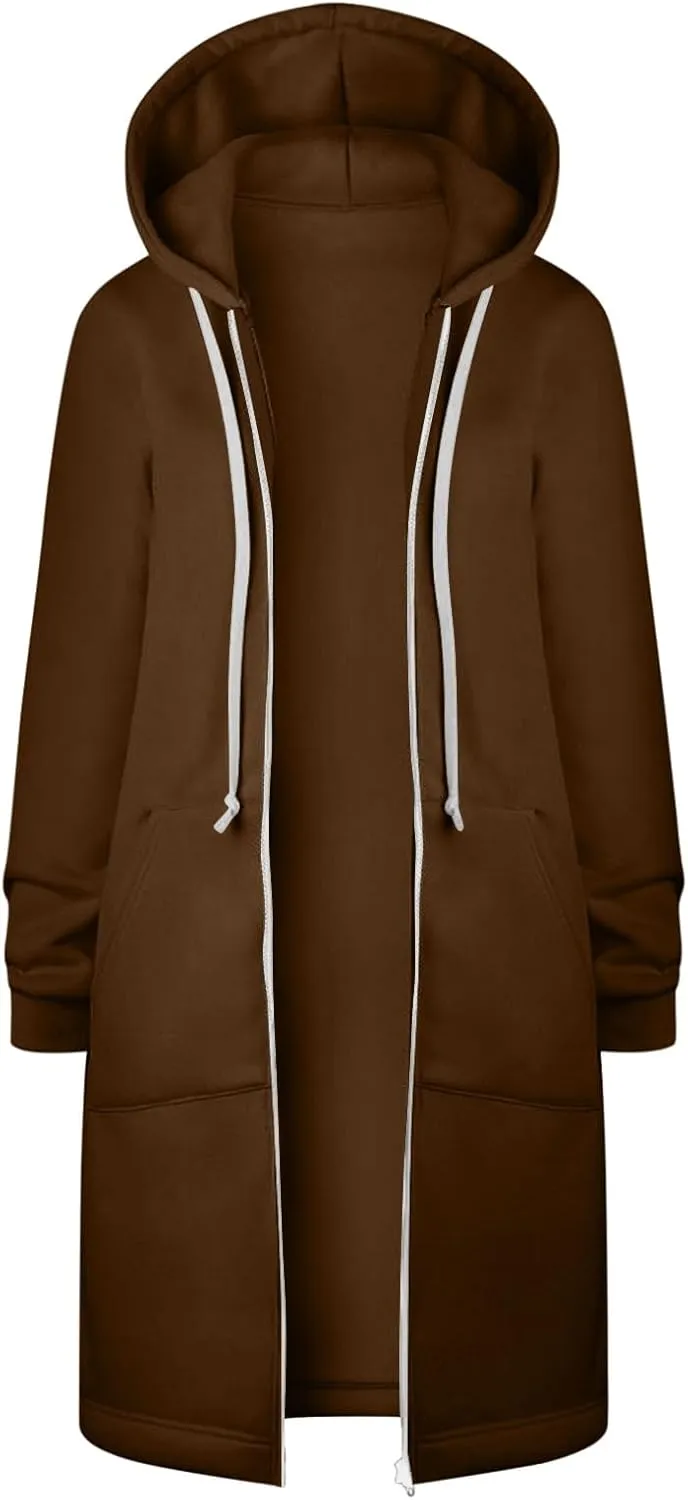 Womens Zip Up Hoodies Long Casual Drawstring Fleece Sweatshirt Lightweight Oversized Jackets Coat Fall Clothes