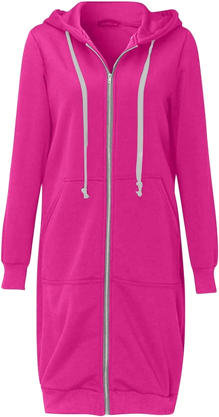 Womens Zip Up Hoodies Long Casual Drawstring Fleece Sweatshirt Lightweight Oversized Jackets Coat Fall Clothes