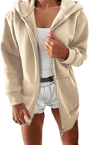 Womens Zip Up Hoodies Long Sleeve Fall Oversized Sweatshirts Fleece Y2K Jacket with Pockets Long Fleece Jacket Coat