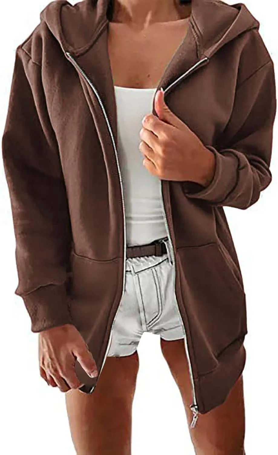 Womens Zip Up Hoodies Long Sleeve Fall Oversized Sweatshirts Fleece Y2K Jacket with Pockets Long Fleece Jacket Coat
