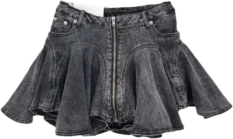 Women's Zipper Splicing Pleated Denim Mini Skirts Summer Ruffled Edge Elastic Fringe Denim Skirts