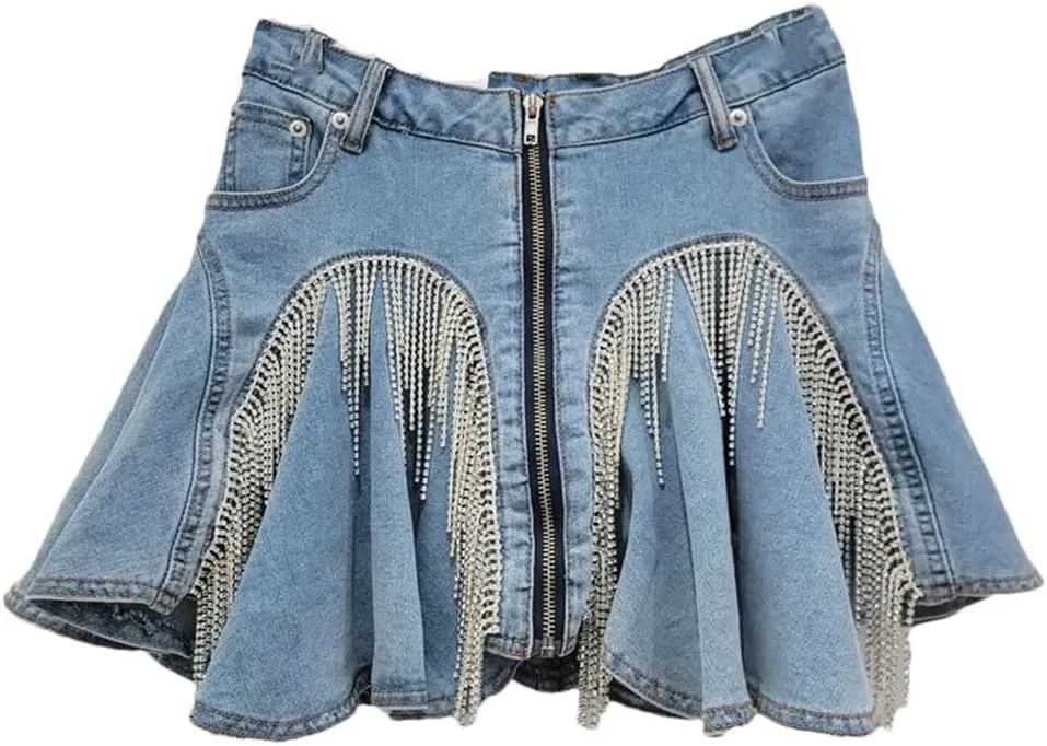 Women's Zipper Splicing Pleated Denim Mini Skirts Summer Ruffled Edge Elastic Fringe Denim Skirts