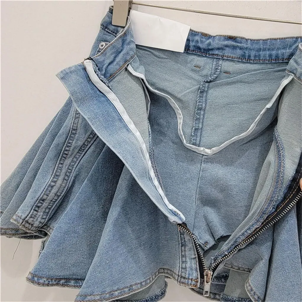 Women's Zipper Splicing Pleated Denim Mini Skirts Summer Ruffled Edge Elastic Fringe Denim Skirts
