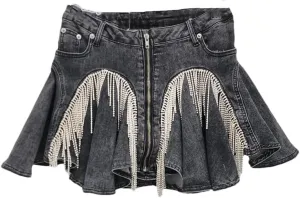 Women's Zipper Splicing Pleated Denim Mini Skirts Summer Ruffled Edge Elastic Fringe Denim Skirts