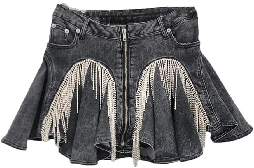 Women's Zipper Splicing Pleated Denim Mini Skirts Summer Ruffled Edge Elastic Fringe Denim Skirts