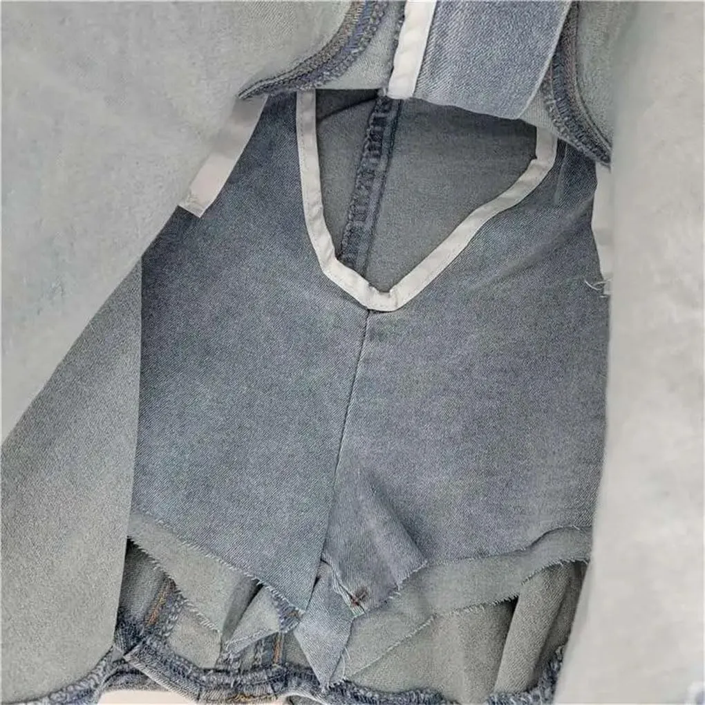 Women's Zipper Splicing Pleated Denim Mini Skirts Summer Ruffled Edge Elastic Fringe Denim Skirts
