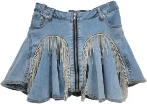 Women's Zipper Splicing Pleated Denim Mini Skirts Summer Ruffled Edge Elastic Fringe Denim Skirts