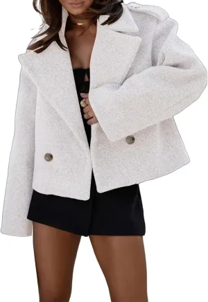 Wool Blend Coat Women Cropped Long Sleeve Jacket Lapel Open Front Double Breasted Coats Winter Peacoat