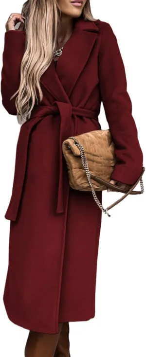 Wool Blend Trench Coat Women Lapel Collar Long Outerwear Casual Open Front Long Jacket Winter Warm Overcoat with Belt
