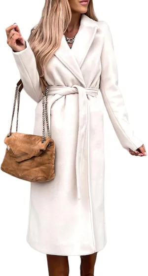 Wool Blend Trench Coat Women Lapel Collar Long Outerwear Casual Open Front Long Jacket Winter Warm Overcoat with Belt
