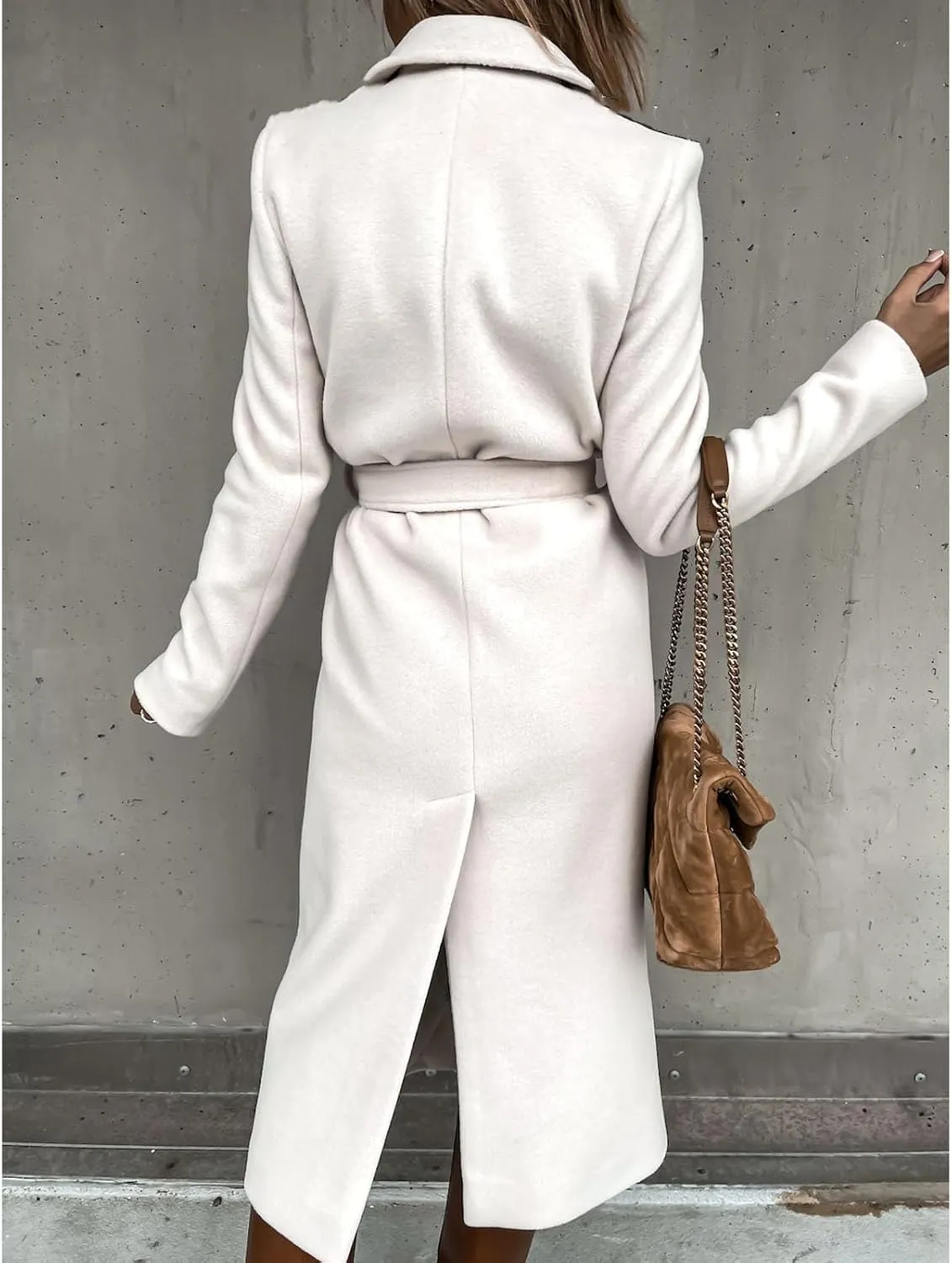 Wool Blend Trench Coat Women Lapel Collar Long Outerwear Casual Open Front Long Jacket Winter Warm Overcoat with Belt