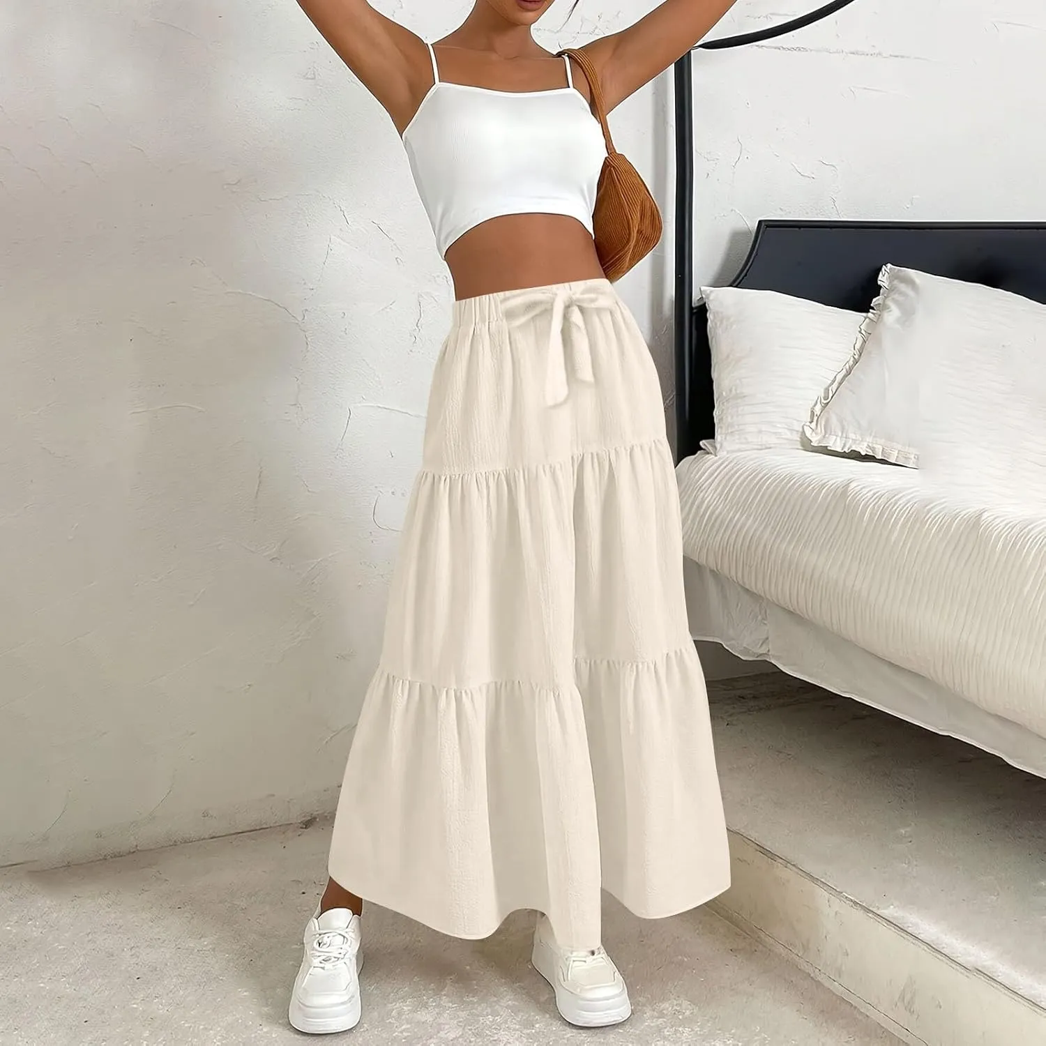 XOWRTE Women's 2025 Bohemian Long Skirts Flowy High Waist A Line Maxi Skirts for Women Summer Pleated Mini Skirts