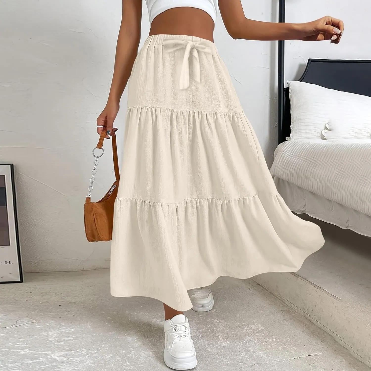 XOWRTE Women's 2025 Bohemian Long Skirts Flowy High Waist A Line Maxi Skirts for Women Summer Pleated Mini Skirts
