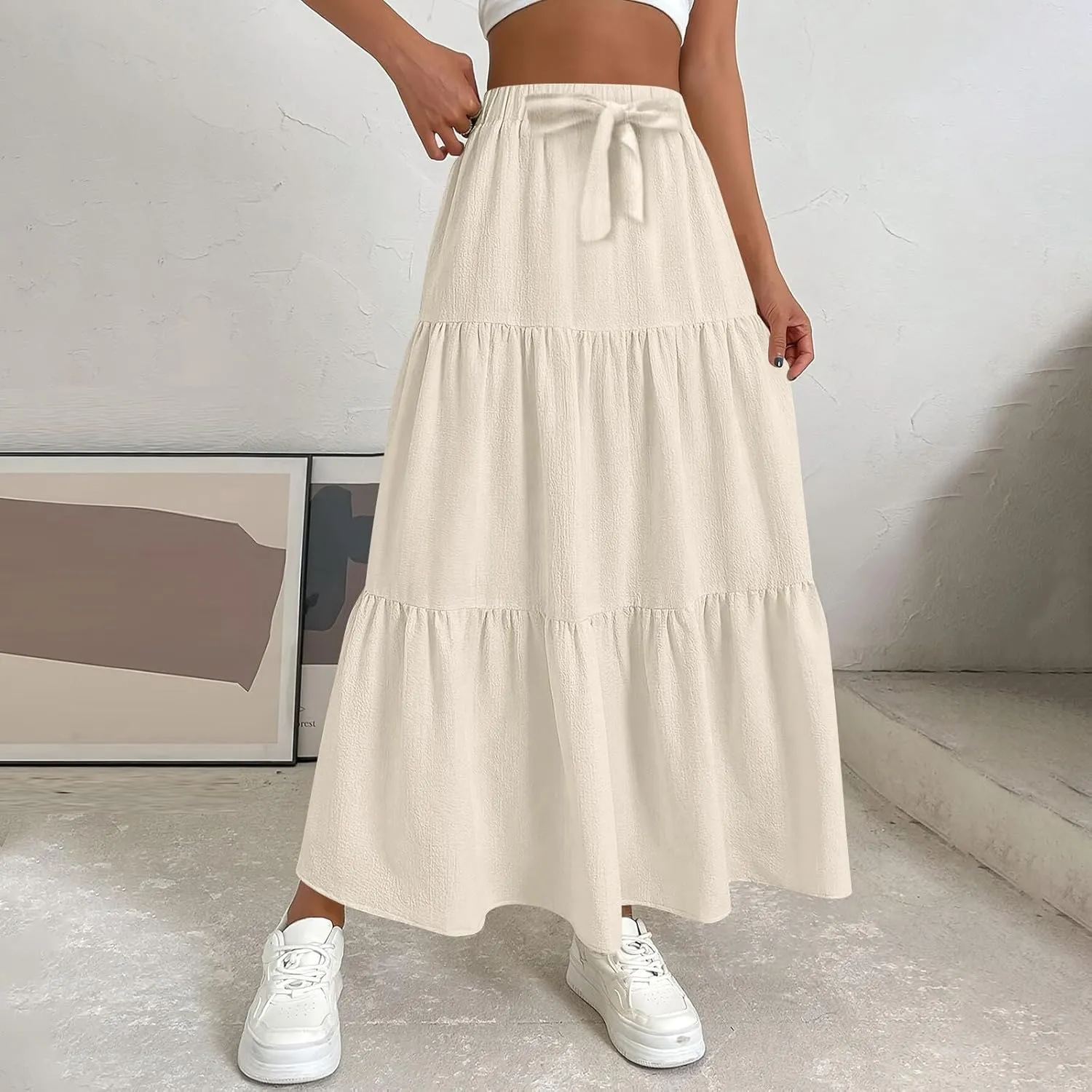XOWRTE Women's 2025 Bohemian Long Skirts Flowy High Waist A Line Maxi Skirts for Women Summer Pleated Mini Skirts