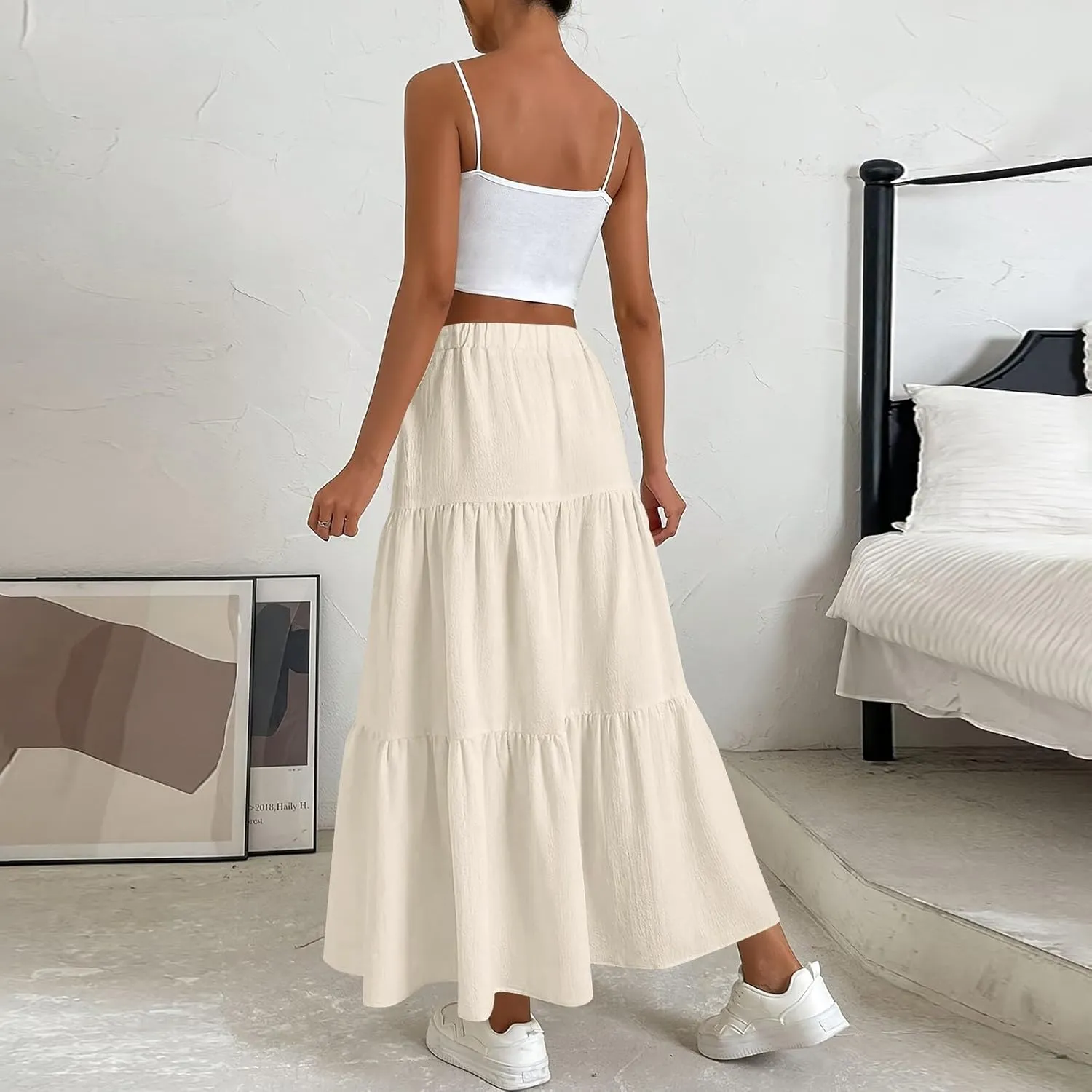 XOWRTE Women's 2025 Bohemian Long Skirts Flowy High Waist A Line Maxi Skirts for Women Summer Pleated Mini Skirts