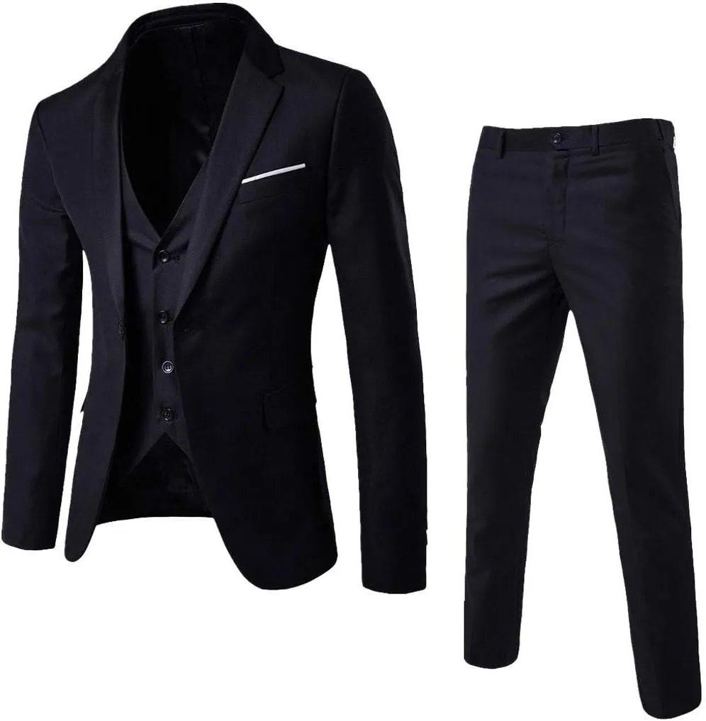 XUETON Mens Slim Fit 3 Piece Suits Casual Formal One Button Blazer Slim Fit Dress Business Wedding Party Jacket Vest Pants