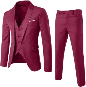 XUETON Mens Slim Fit 3 Piece Suits Casual Formal One Button Blazer Slim Fit Dress Business Wedding Party Jacket Vest Pants(Wine,Medium)