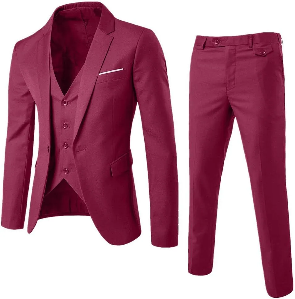 XUETON Mens Slim Fit 3 Piece Suits Casual Formal One Button Blazer Slim Fit Dress Business Wedding Party Jacket Vest Pants(Wine,Medium)