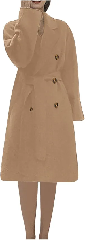 XUNRYAN Womens Classic Trench Coat Long Vintage Wool-Blend Jackets Notch Lapel Casual Peacoat Fashion Overcoat Outwear