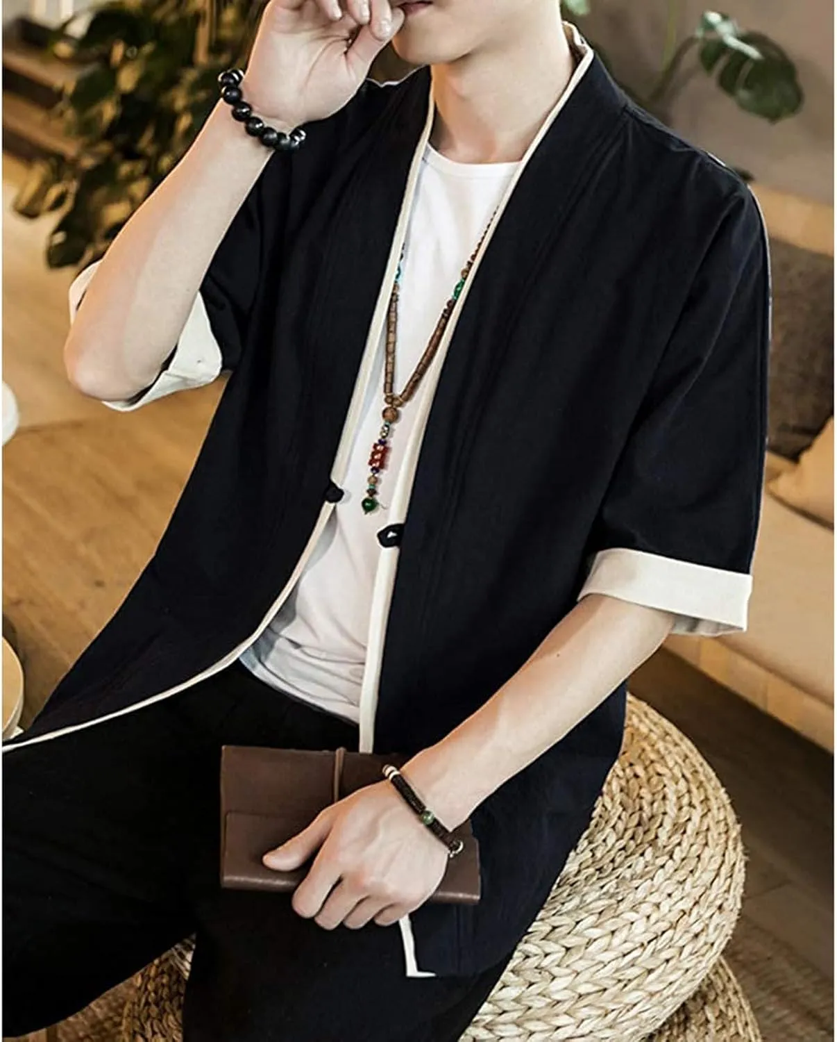 Ymosrh Men's Short Sleeve Shirts Kimono Short Shirts Open Front Cardigan Short Button Up Shirt, M-5XL