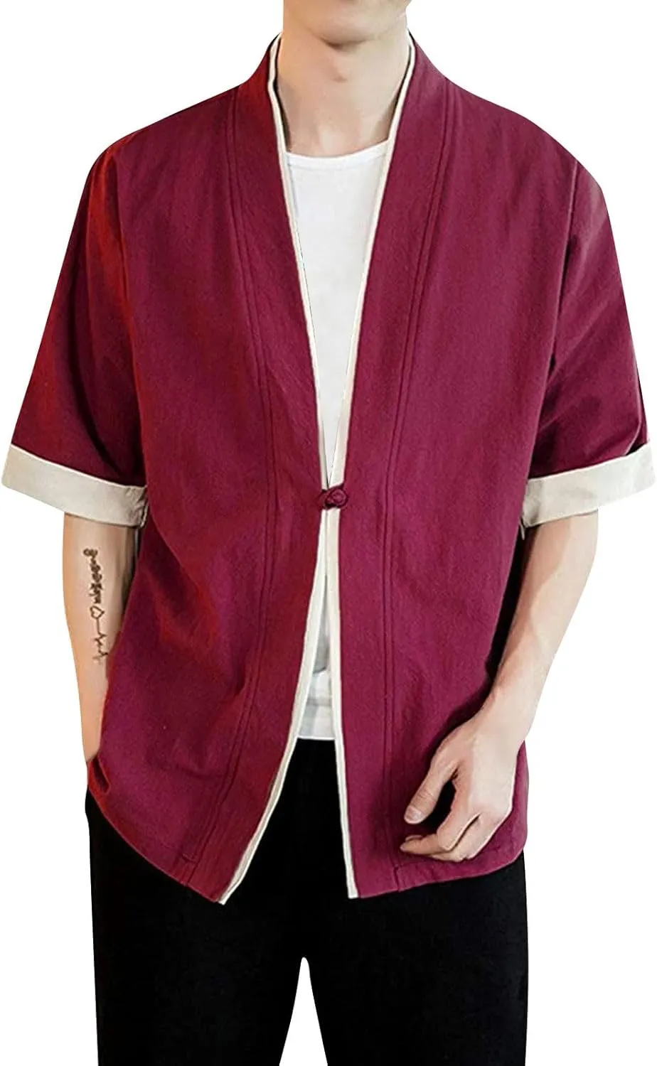 Ymosrh Men's Short Sleeve Shirts Kimono Short Shirts Open Front Cardigan Short Button Up Shirt, M-5XL