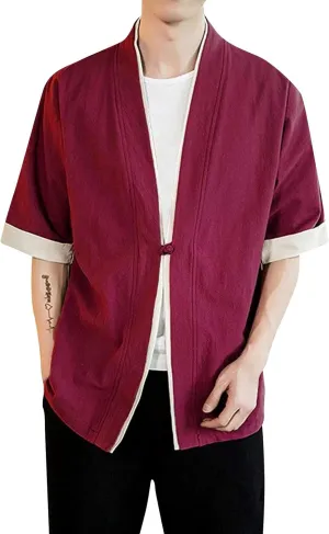 Ymosrh Men's Short Sleeve Shirts Kimono Short Shirts Open Front Cardigan Short Button Up Shirt, M-5XL