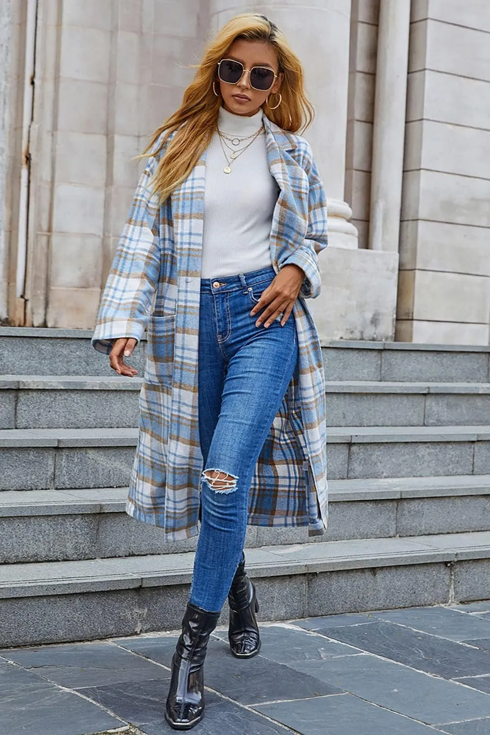 YOXUA Women's Long Plaid Lapel Wool Blend Button Pea Coat Outerwear with Pocket
