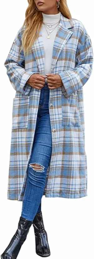 YOXUA Women's Long Plaid Lapel Wool Blend Button Pea Coat Outerwear with Pocket