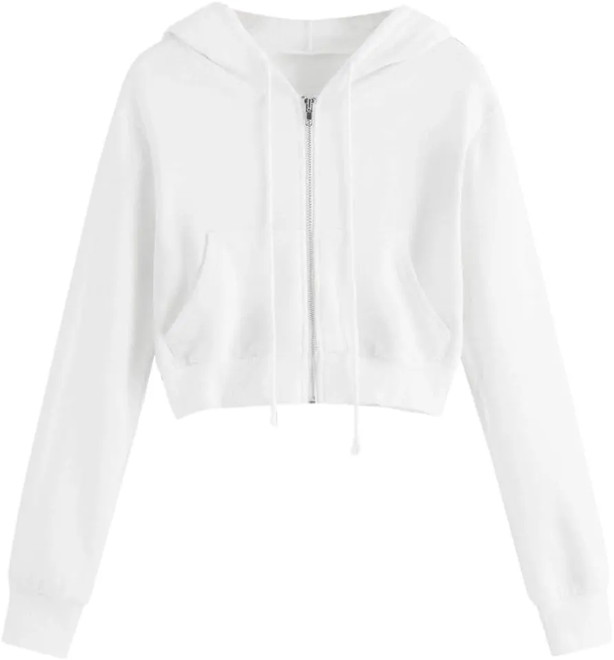 YRAETENM Cropped Zip up Hoodie Women Long Sleeve Drawstring Full Zip Hooded Jackets Casual Cute Loose Fit Crop Sweatshirts