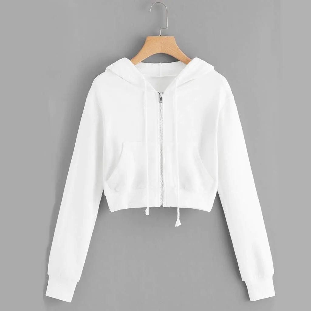 YRAETENM Cropped Zip up Hoodie Women Long Sleeve Drawstring Full Zip Hooded Jackets Casual Cute Loose Fit Crop Sweatshirts