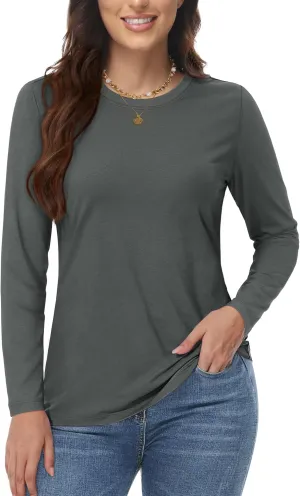 YUCOLEN Women's Cotton Long Sleeve Shirts Crew Neck T-Shirts Soft Casual Breathable Tees Basic Tops