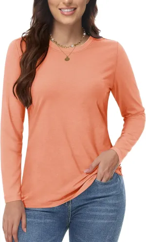 YUCOLEN Women's Cotton Long Sleeve Shirts Crew Neck T-Shirts Soft Casual Breathable Tees Basic Tops