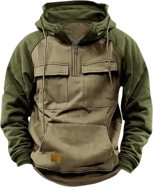 Zip Up Hoodie Men Big and Tall Long Sleeve Cargo Sweatshirts Casual Color Block Tactical Pullover Shirt Multi Pockets