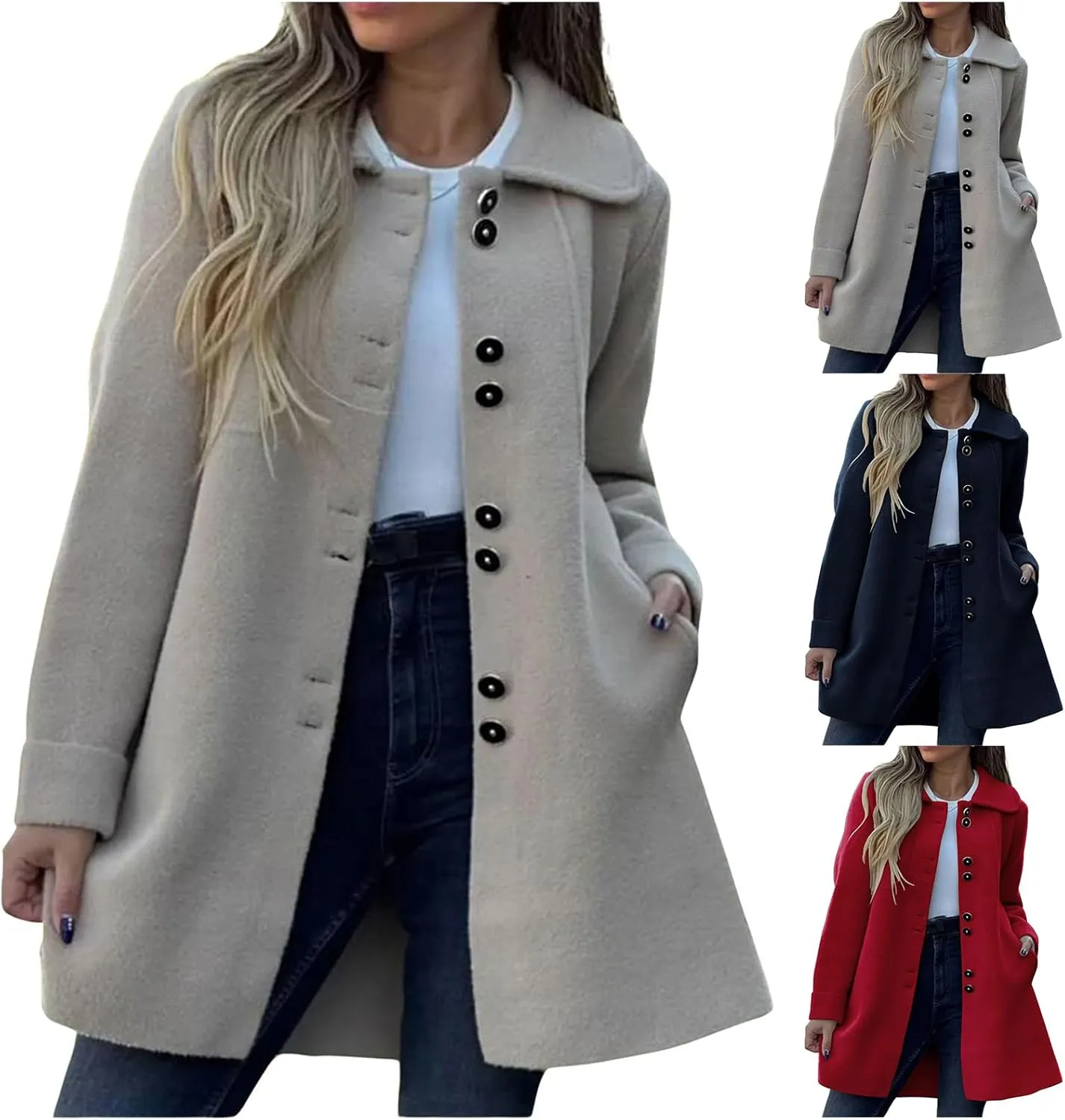 ZWRXW Womens Winter Wool Blend Coat Single Breasted Lapel Collar Pea Coat Fall Winter Elegant Overcoat Outerwear with Pockets